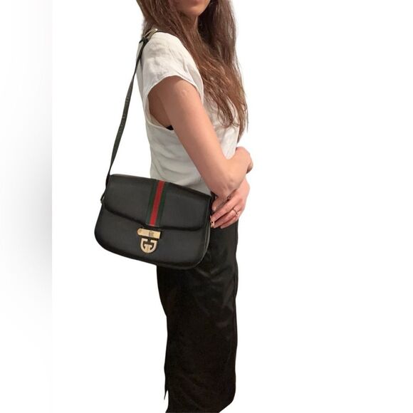COPY - Gucci black leather web accent and gold GG lock shoulder - Picture 1 of 16